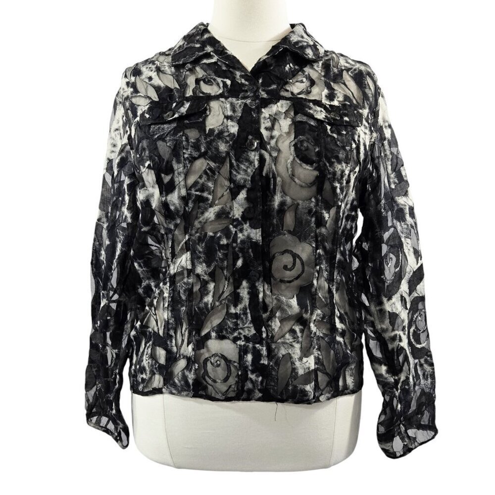 Vintage Chico's Black White Floral Sheer Mesh Burnout Lightweight Jacket Y2K